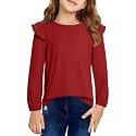 Girls Long Sleeve Shirts Casual Ruffle Trim Crewneck Blouse Tops 6-15 Years