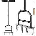 Dolibest Lawn Coring Aerator, Manual Lawn Aerator, 4 Stainless Steel Corer Plug Aerator with Soft Rubber Grip, Pre-Assembled Manual Grass Aerating Tool & Cleaning Hand Tool for Improving Lawn Health