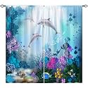 Dolphin Curtains W42 x L63 Inch Rod Pocket Kids Ocean Underwater Tropical Fish Sea Animal Print Pattern Privacy Fabric Window Drapes for Boys Girls Bedroom Nursery Baby Playroom 2 Panels