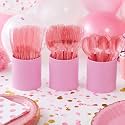 Domensi 150 Pcs Glitter Plastic Holder Cutlery Set for Kitchen, Pink
