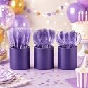 Domensi 150 Pcs Glitter Plastic Holder Cutlery Set for Kitchen, Purple