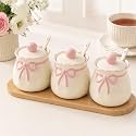 Domensi 3 Pcs Pink Bow Condiment Jars with Spoons Tray, Cute Containers