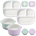 Domensi 4 Pcs Square Porcelain Kid Suction Plate Bowl, Teal Green, Purple