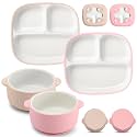 Domensi 4 Pcs Square Porcelain Kid Suction Plate and Bowl,Pink, Beige