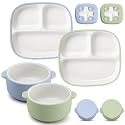 Domensi 4 Pcs Square Porcelain Kid Suction Plate and Bowl,Blue, Green