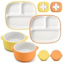 Domensi 4 Pcs Square Porcelain Kid Suction Plate and Bowl,Orange,Yellow