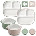 Domensi 4 Pcs Square Porcelain Kid Suction Plate and Bowl,Green, Beige