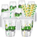 Domensi 50 Pcs Garbage Truck Birthday Party Plastic Cup 12 oz Garbage Car Thick Clear Cup Truck Mugs Trash Car Birthday Table Decorations Party Favor car Design
