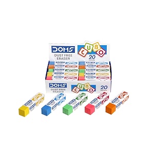 doms dust free cubo eraser box pack  comfortable edge for easy handling  non-toxic amp safe for kids  attractive body colors  pack of 20 pcs