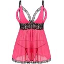 Donnalla Plus Size Babydoll Lingerie Set for Women Sexy Mesh Lace Nightwear Adjustable Straps V Neck Chemise with Panty