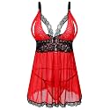 Donnalla Plus Size Babydoll Lingerie Set for Women Sexy Mesh Lace Nightwear Adjustable Straps V Neck Chemise with Panty