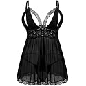 Donnalla Plus Size Babydoll Lingerie Set for Women Sexy Mesh Lace Nightwear Adjustable Straps V Neck Chemise with Panty