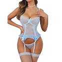 Donnalla Sexy Lingerie for Women Lace Garter Set with Teddy Stockings
