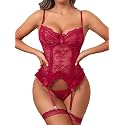 Donnalla Sexy Lingerie for Women Lace Garter Set with Teddy Stockings