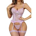 Donnalla Sexy Lingerie for Women Lace Garter Set with Teddy Stockings