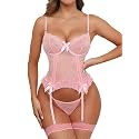 Donnalla Sexy Lingerie for Women Lace Garter Set with Teddy Stockings