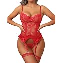 Donnalla Sexy Lingerie for Women Lace Garter Set with Teddy Stockings