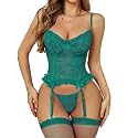 Donnalla Sexy Lingerie for Women Lace Garter Set with Teddy Stockings