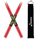 Donner 7A Snare Drum Sticks Classic Maple Wood Drumstick 2 Pair with Carrying Bag for Kids Beginner, Red