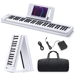 donner folding piano keyboard 61 keys sensitive electric piano portable beginner digital piano foldable keyboard with music rest piano bag piano pedal piano app dp-06 white