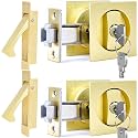 Dontay Pocket Door Key Lock with Edge Pull Handle,2 3/8" Backset,Stainless Steel Recessed 2 Sided,Hardware for 1 3/8" to 2 3/16" Sliding Door&Bathroom Doors (Satin Brass, Square - 2 Set)