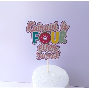 donut 4th birthday cake topper with custom name  sweet treat handcrafted party cake decoration