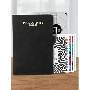doodle a5 productivity planner kit undated hard bound288 pages12 monthlypocket meal plannerstickersmotivational quote cardstear away bookmarksactivity pages notes pages productivity pro-grey
