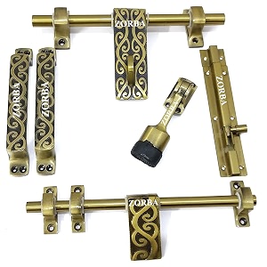 zorba door kit set door accessories kit door fittings kit antique brass finish - standard size with door fitting accessories including 1 aldrop latch stoppertower bolt and 2 handles knob