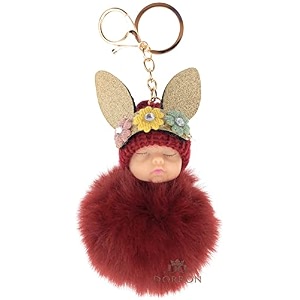 dorron iaccessories sleeping baby fluffy faux fur pom pom key ring keychain for girls bag scooty bike car keys