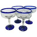 Dos Sueños Mexican Hand Blown Glass - Set of 4 Hand Blown Margarita Glasses - Cobalt Blue Rim (16 oz)
