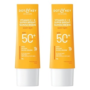 dot amp key vitamin c  e super bright sunscreen in-vivo tested spf 50 pa with new-age uv filters water-light fluid boosts glow reduces dullness amp dark spots checks tanning no white cast  combo pack of 2 50gm each