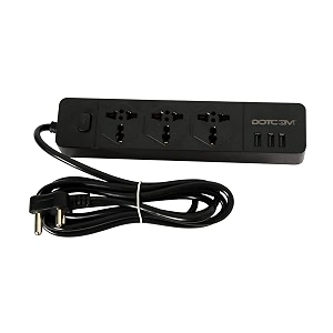 dotcom extension cord with 3 usb ports 3-way outlets power strip surge protection 2 meter 3-pin extension board black