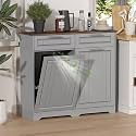 Double 10 Gallon Tilt Out Trash Can Cabinet with Deodorizing Function, Wooden Hidden Garbage Can Holder with Storage Drawers for Kitchen and Dining Room, Laundry Hamper Cabinet for Bathroom, Grey