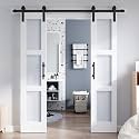 Double 18×84 Inch Glass Barn Door Slab and 6.6ft Hardware Kit Included, 3 Frosted Glass, LVL Wood Panel Covered with White Water-Proof Scratch-Proof PVC Surface, Simple DIY Assembly
