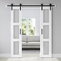 Double 18 x 84in 3-Panel White Sliding Barn Door with Frosted Glass