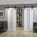 SARTODOORS Sliding Double Barn Doors 72 x 96 inches | Base 6094 White Double Barn Doors/Black Rail | Opaque Glass MDF Modern | Living Room Bedroom