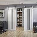 SARTODOORS Sliding Double Barn Doors 72 x 96 inches | Base 6094 White Double Barn Doors/Silver Rail | Opaque Glass MDF Modern | Living Room Bedroom