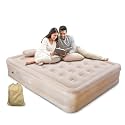 Double Bed Air Mattress with Built in Electric Pump Queen Size Inflatable Sleeping Bed Waterproof Flocked Surface Foldable Air Bed with Pillow Carry Bag for Home Travel Camping Guest Use