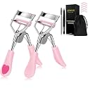 Double Eyelash Curlers with 5PCS Silicone Refill Pad Fit All Eye Shape Curved Eyelash Curler,Natural and Long Lasting Lash Curler for Women Make Up Gift（Pink）