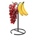 Double Hooks Standing Banana Holder, Banana Hanger Tree Stand Hook for Kitchen Countertop, Sturdy and Balanced Fruit Shelves with Storage on Both Sides.(Black)