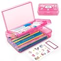 Double Layer Plastic Clear Hard Colored Pencil Box Case Pen Crayon Box