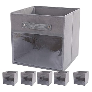 double r bags clear window fabric storage bin organizer for closet shelves home storage cubes organizer with dual handle for kids toys office closet shelf grey pack of 6