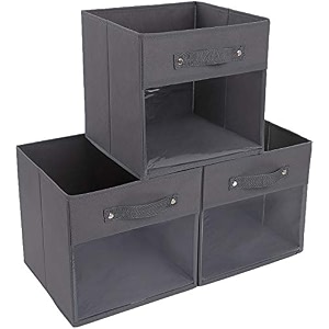 double r bags fabric cube storage bin organizer with clear window and no smell with dual handle black - pack of 3