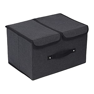 double r bags large foldable fabric storage bins with double lids  stackable storage box basket with handle amp divider for closet shelf amp office use  rectangular black 42x30x25 cm