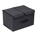 DOUBLE R BAGS Large Foldable Fabric Storage Bins with Double Lids | Stackable Storage Box Basket with Handle &amp; Divider for Closet, Shelf &amp; Office Use | Rectangular (Black, 42x30x25 cm)