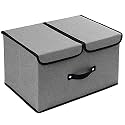 DOUBLE R BAGS Large Foldable Storage Bins with Double Lids | Stackable Fabric Storage Box Basket with Handle &amp; Divider for Closet, Shelf &amp; Office | Grey (Pack of 1, 42x30x25 cm)