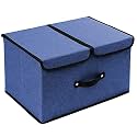 DOUBLE R BAGS Large Foldable Storage Box Bin with Double Lids, Handles &amp; Divider | Stackable Closet Organizer Basket for Clothes &amp; Office Items | 42x30x25 cm, 1 Compartment (Navy Blue, Pack of 1)