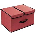 DOUBLE R BAGS Storage Bins with Lids Large Foldable Storage Boxes Bins Double Lids Stackable Storage Box Basket Closet Organizer with Handle Divider for Shelf Office (2 Red)