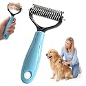 Double Sided Dematting Comb for Cats & Dogs, Professional Grooming Brush, Undercoat Rake with Ergonomic Grip, Safe Deshedding Tool for Long Thick Hair, Tangle Remover for Pets (Blue-L)