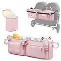 Double Stroller Organizer Compabitle with BOB Duallie and Baby Jogger City Mini GT2 Double Stroller, Double Parent Stroller Caddy Organizer with Cup Holder and Cooler Bag, Pink(Empty Bag)
